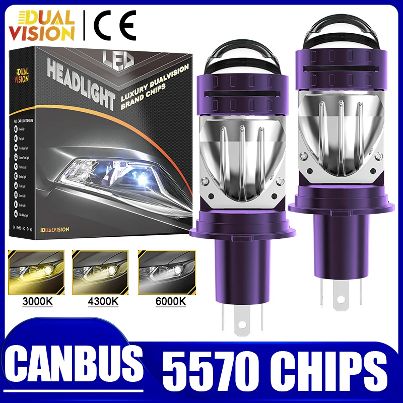 

Dualvision H4 Bi Lo светодиодный мини-проектор с линзами, светодиодные лампы для автомобильных фар 5570 чипов CSP Canbus No Error 3000K 4300K 6000K Turbo Light