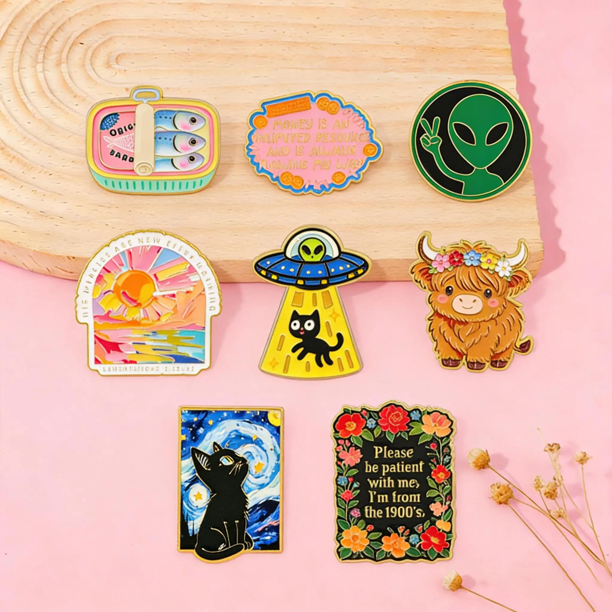 Van Gogh Black Cat Enamel Pin Cartoon Alien Brooch For Coat Cute Cow Brooches Fashion Lapel Badges Jewelry Gift for Friends