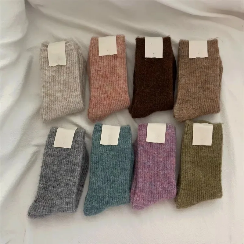 Thickened Pinstripe Cashmere Women's Middle Tube Socks Winter Warm Pile Stockings Casual Wool Breathable Korean Sock Calcetines