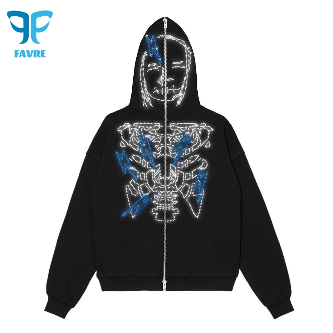 FAVRE Lightning Rhinestone Sweatshirts Women Casual Skeleton Hot-drill Hoodies Ins Men Spring Autumn Cardigan Y2K Couple Outwear