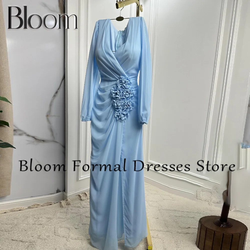 Bloom Solid Blue Long Sleeves 3D Flowers Zipper Back Chiffon Floor Length Straight Saudi Arabia Evening Gowns pleats Woman