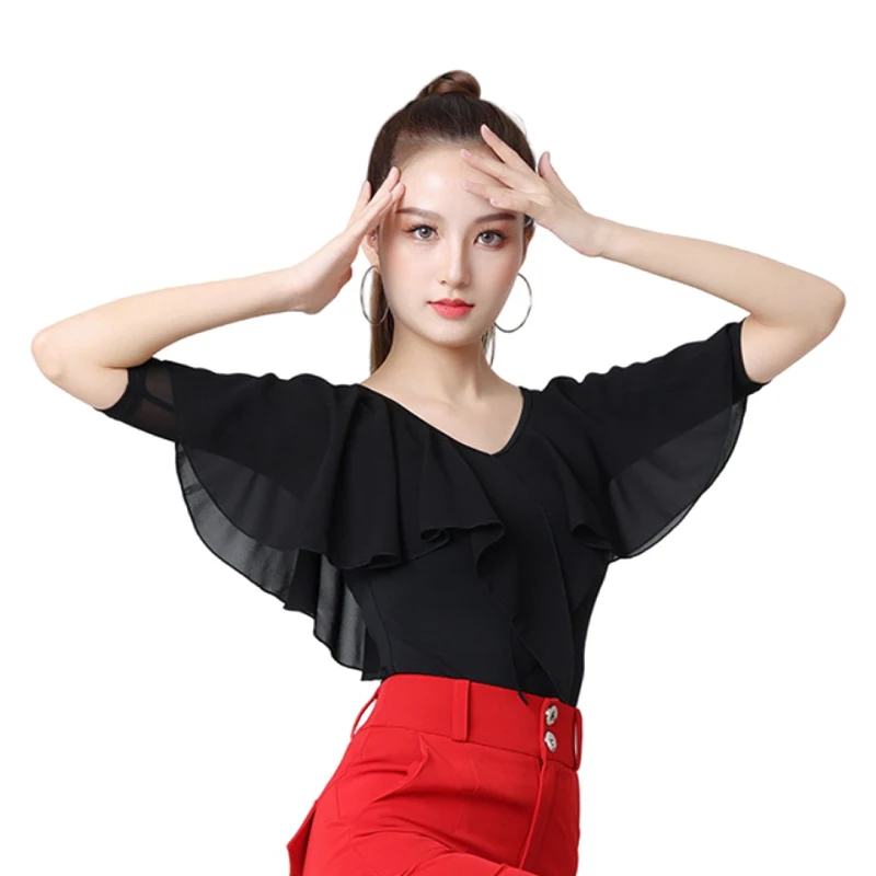 2023 NOVO Internacional Ballroom Costume Modern Latin Dance Top Lady Sexy V-neck Malha Manga Tecido Dancewear