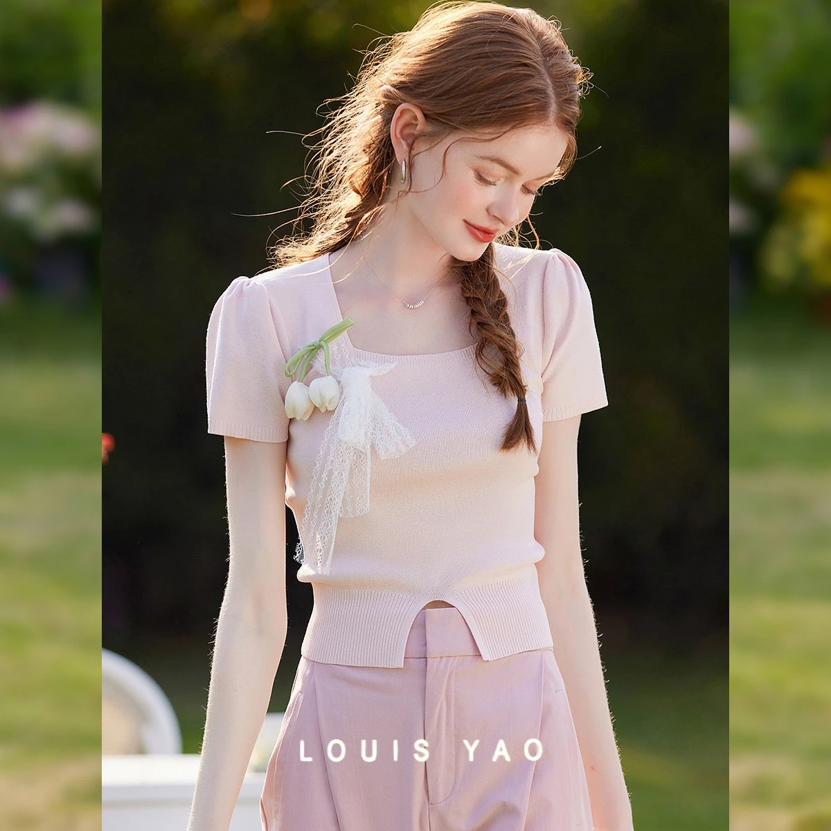 

Sweet Square Neck Women's T-shirt Fun Patchwork Bow Lace-up Flower Decoration Short Sleeve Top Women's Clothing Female Clothing