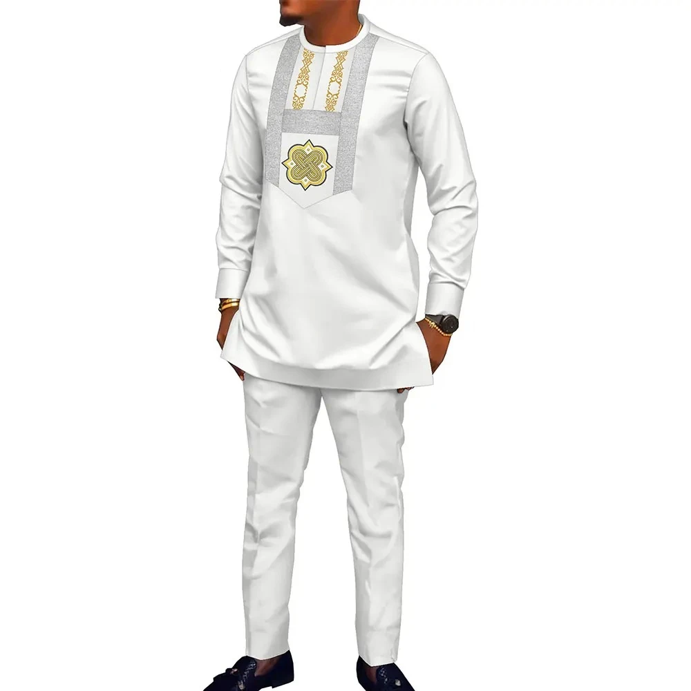 African Men's Long Sleeve Embroidered Suit Two-piece Dashiki Business Casual Men's Top and Pants Traditional Clothing WYN1969