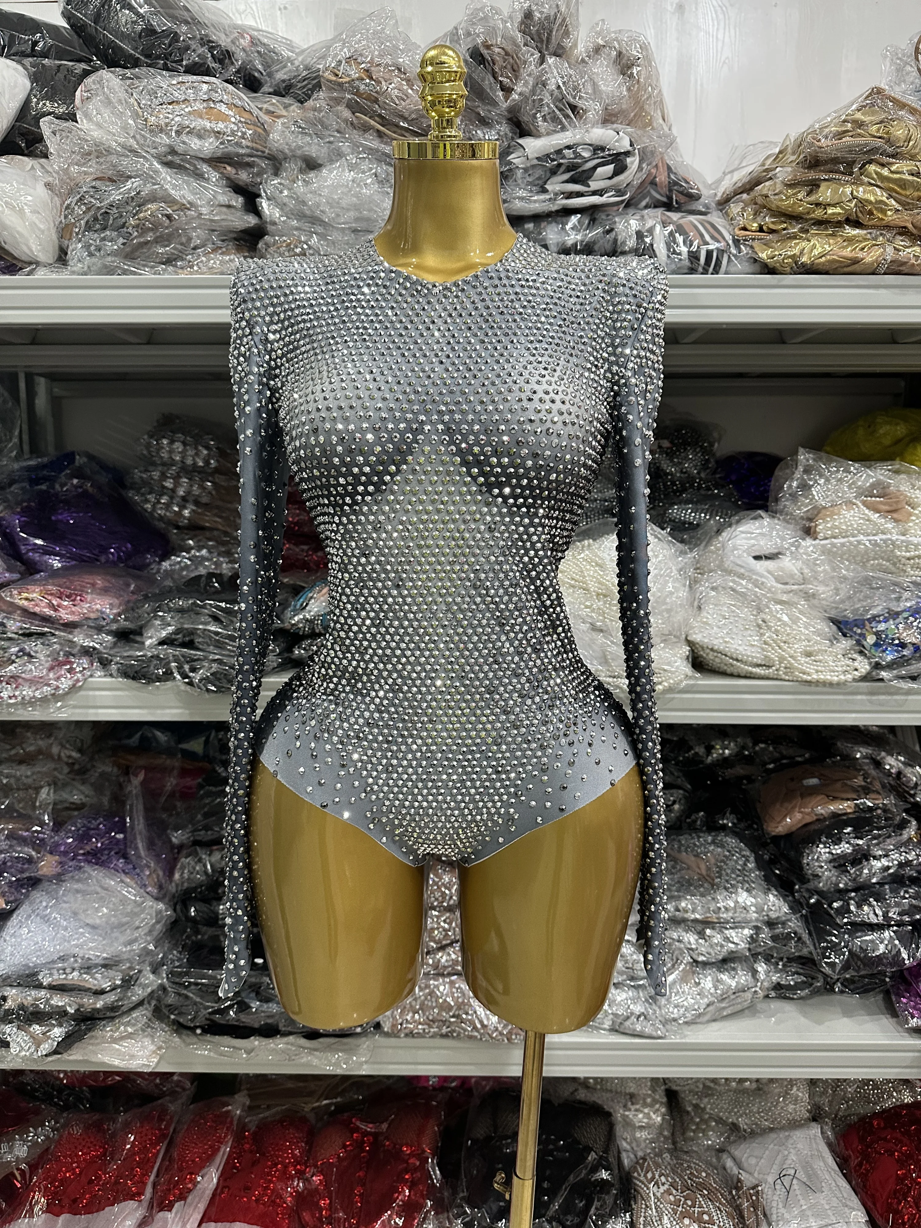 

Сияющий диманд, женский сексуальный эластичный облегающий боди с длинными рукавами, костюмы для бара, танцовщицы, сценическая одежда