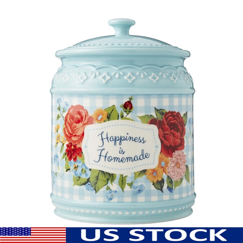 

Versatile Stoneware Cookie Jar with Lid Vintage Embossed Design Food Storage Container Home Kitchen Pantry Treats
