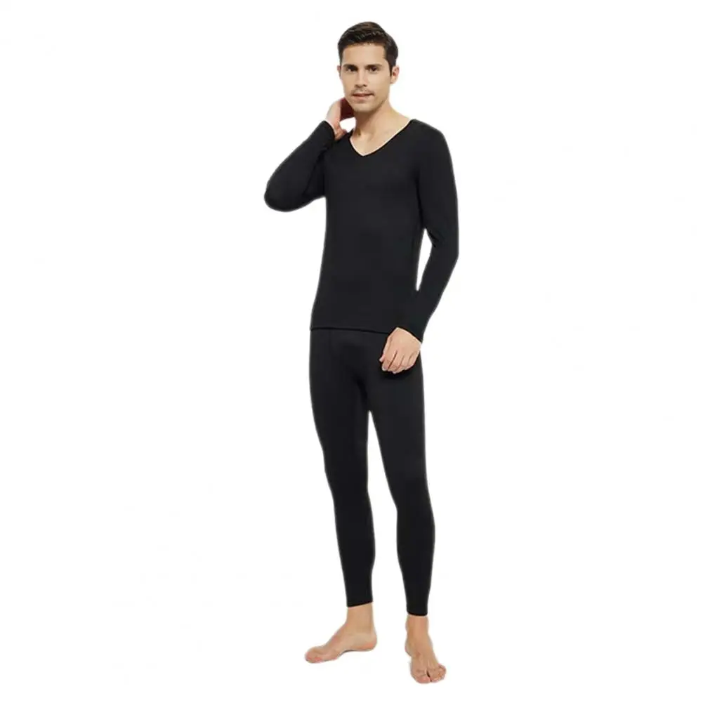 Ensemble de sous-vêtements thermiques pour hommes avec col en V, manches longues, chaud, design en peluche, mince, élastique, sport, hiver