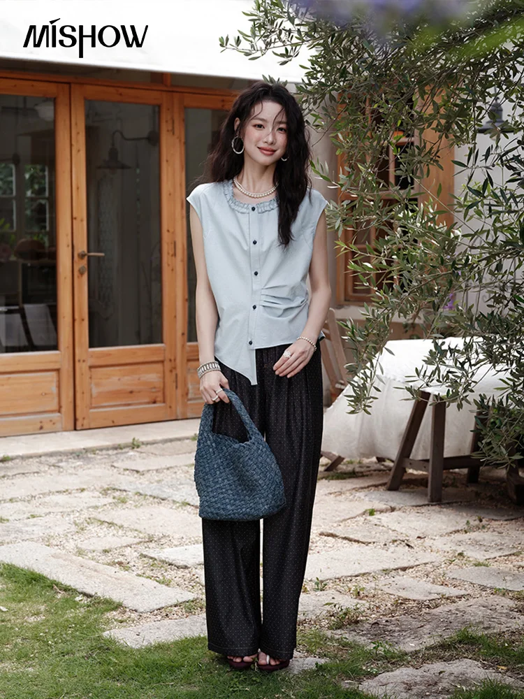 MISHOW Women's Casual Round Neck Shirt 2026 Summer New Office Lady Slim Shirt Sleeveless Button Top Female Clothing MXE38X1864