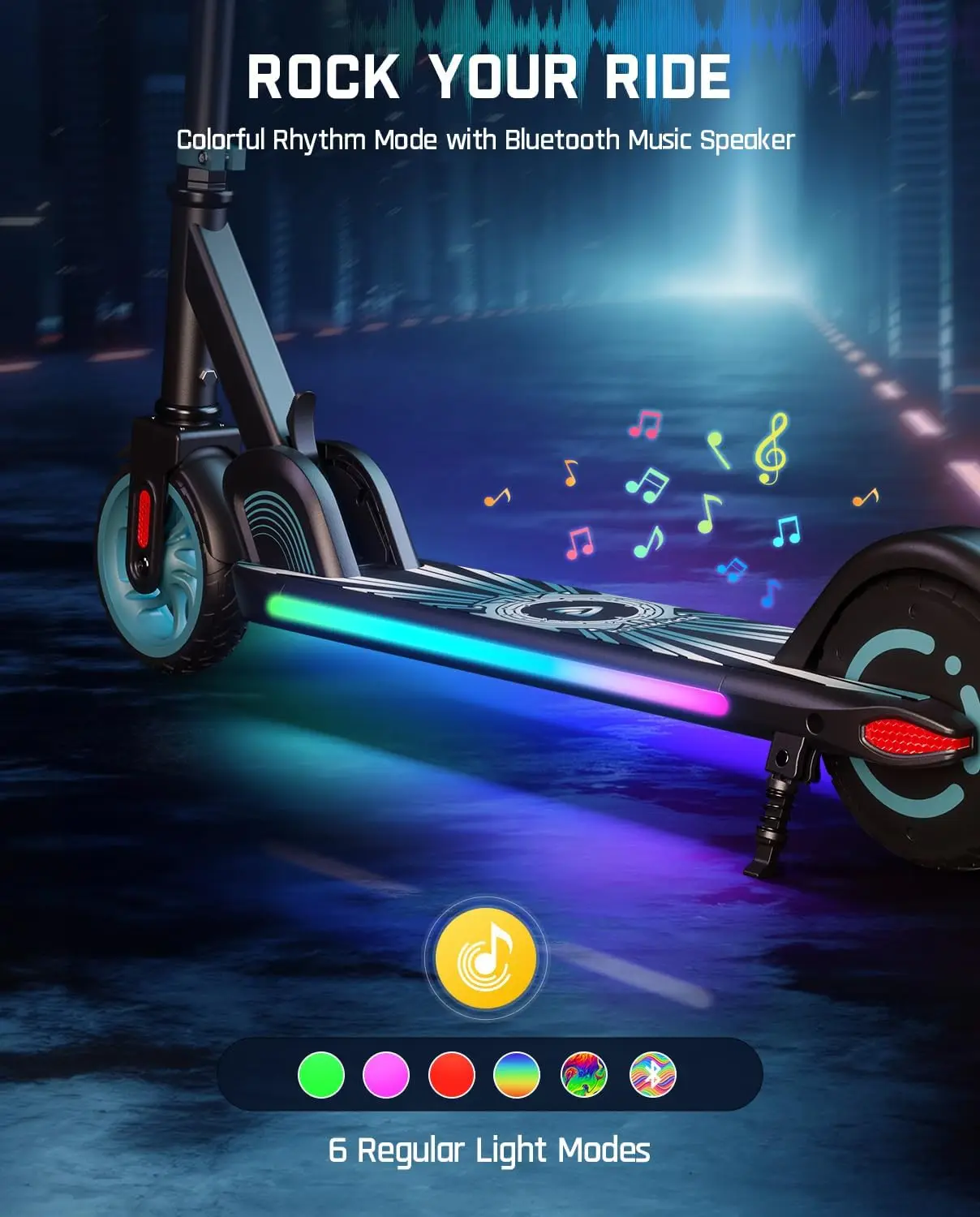 Electric Scooter for Kids 3.9ft - 5.2ft, Bluetooth Music Speaker, Colorful Rainbow Lights, 5/8/10MPH, 5 Mile