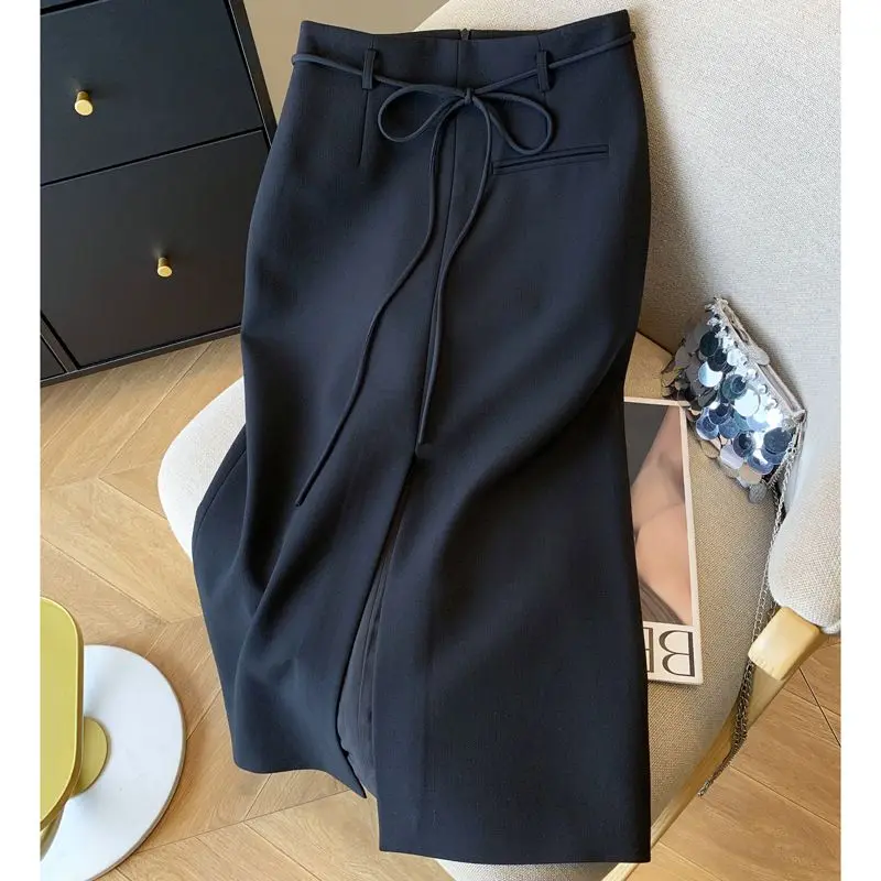2025 Spring New Black Office Lady Lacing High Waist A-line Skirt Ladies Simplicity Elegant Slim High Waist Skirts Women Clothes