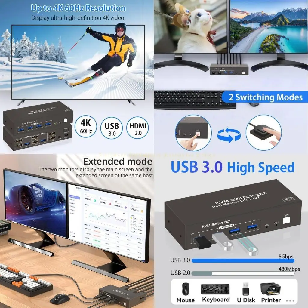 

Space Saving HDTV Switcher For 2 PC Double Display Mode USB3.0 Metal Hubs