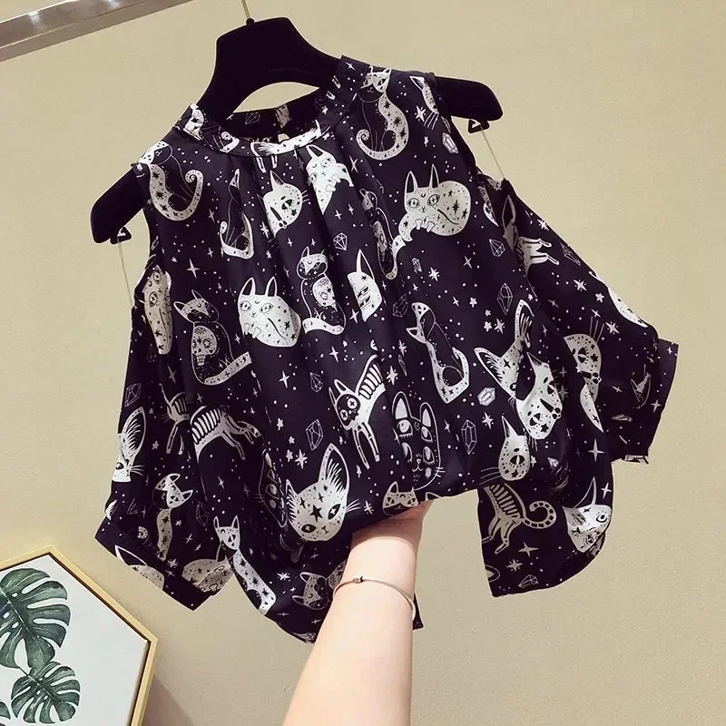 Cat Cartoon Print Chiffon Vintage O-Neck Short Sleeve Loose Women's Blouse Shirt Korean Female Clothing Tops 2024 Summer CY456