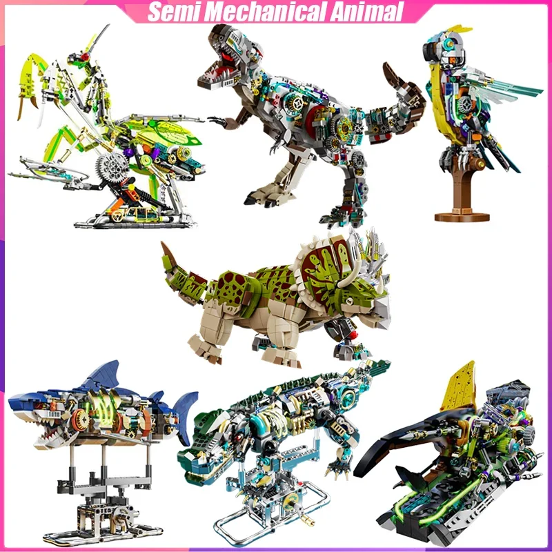 Semi Mechanical Animal Building Blocks Shark Dinosaur Desktop Decoration Puzzle Assembling Model Toys Birthday Gifts for Kids