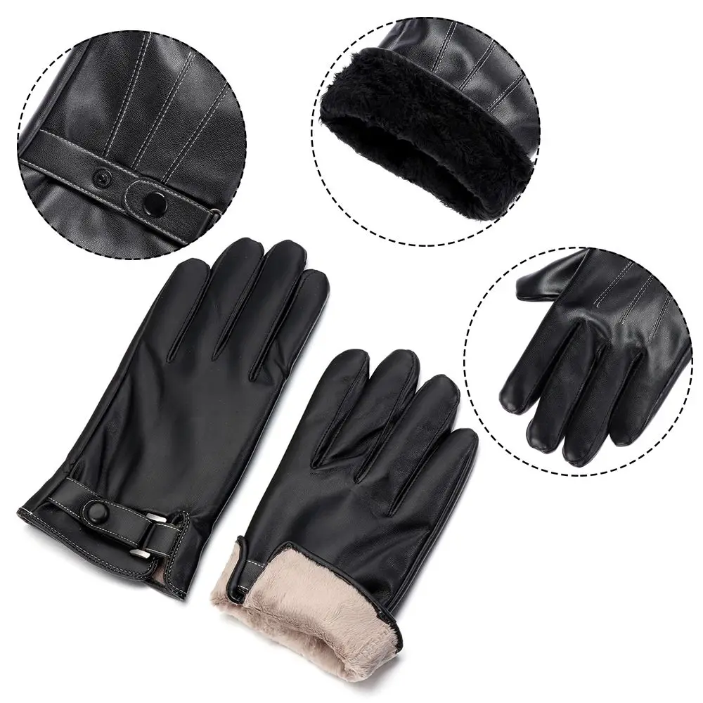Men's Full Finge Windproof Fleece Thermal Touch Screen Driving Gloves Leather Gloves