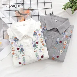 Spring Autumn New Comfortable Cotton Shirts Double Layer Embroidery Florals Casual Tops Long Sleeve All-match Blouses S065