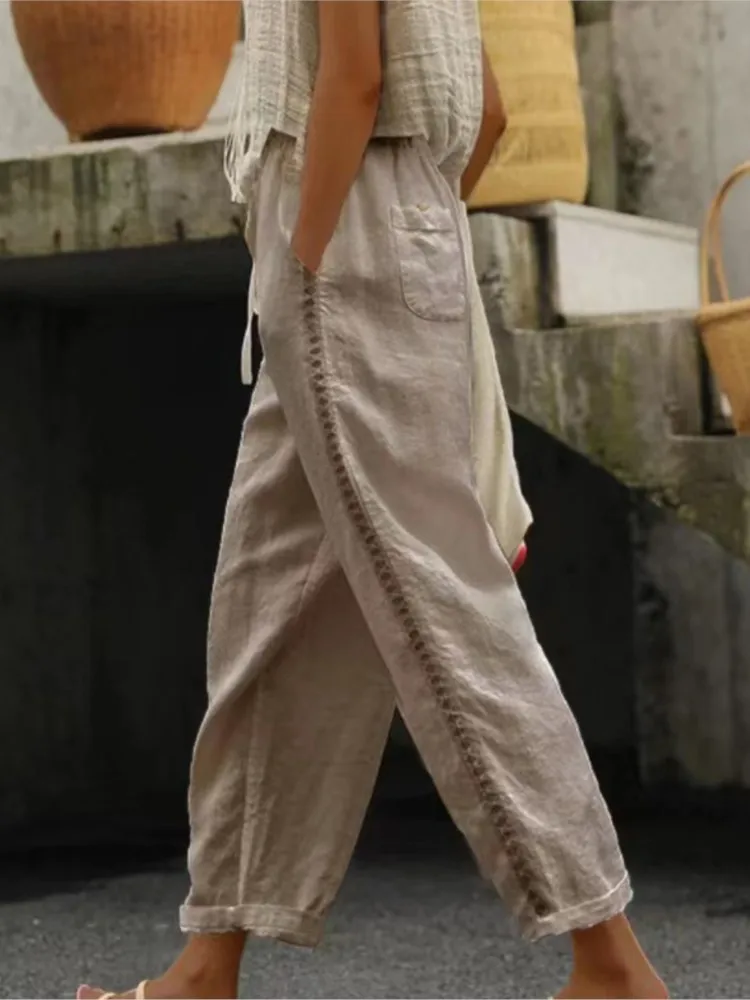 Casual Solid Pants Female Fashion Lace Hollow High Waist Long Pants For Women Office Holiday Womens Clothing Spring Summer New
