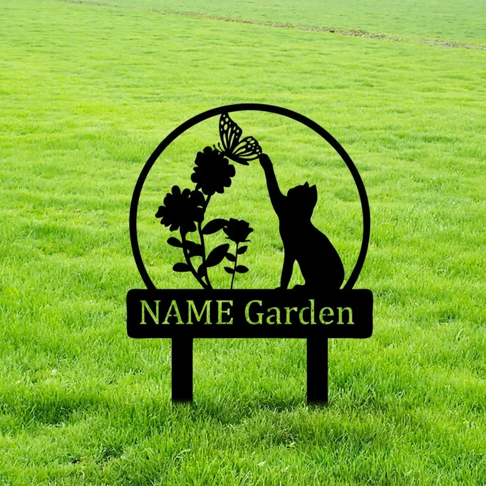 Discover Custom Personalized Kitten Flower Picking Metal Stake Sign. Add a Name, Perfect Garden Decor.