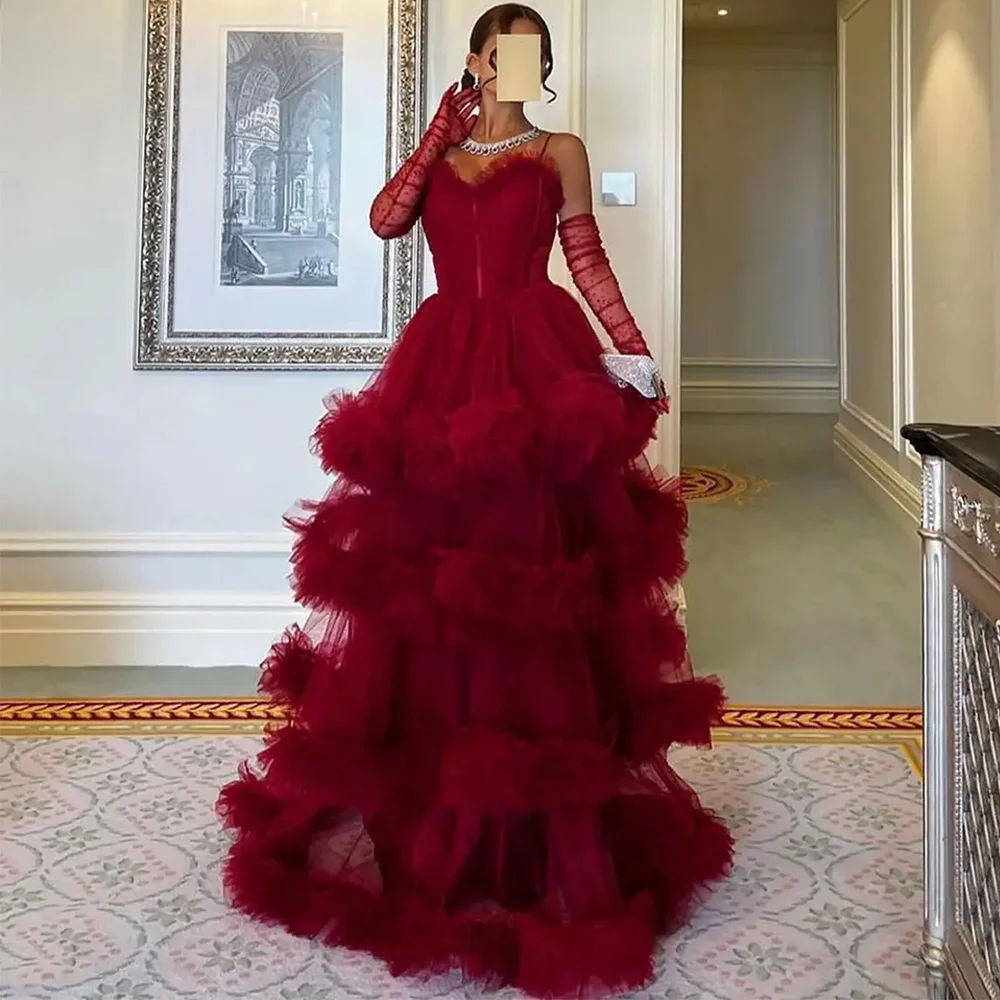 

Customized Fashion Red Tulle Evening Dress Sweetheart Celebrity Gowns High Quality Spaghetti Straps Sleeveless Party Dress