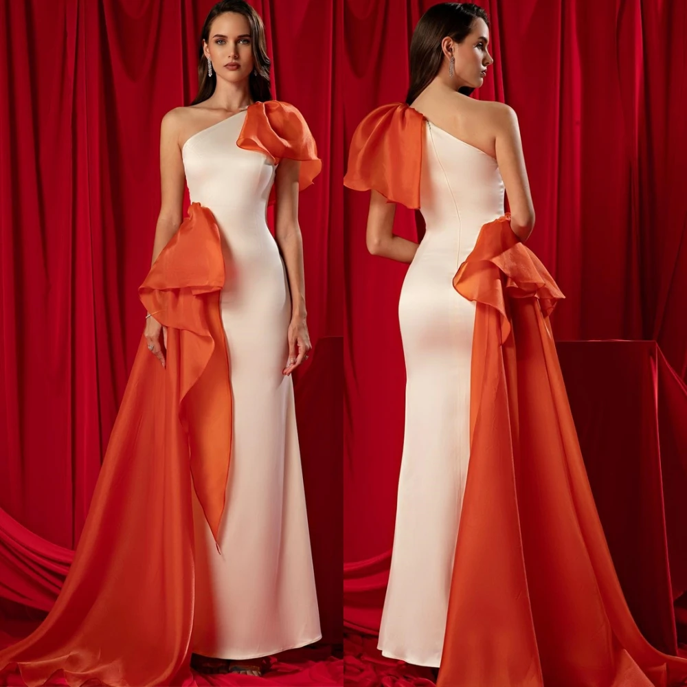 Customized Satin One Shoulder Mermaid Evening Dress Classic Panel Train Party Dresses Temperament  Special Occasion Gowns