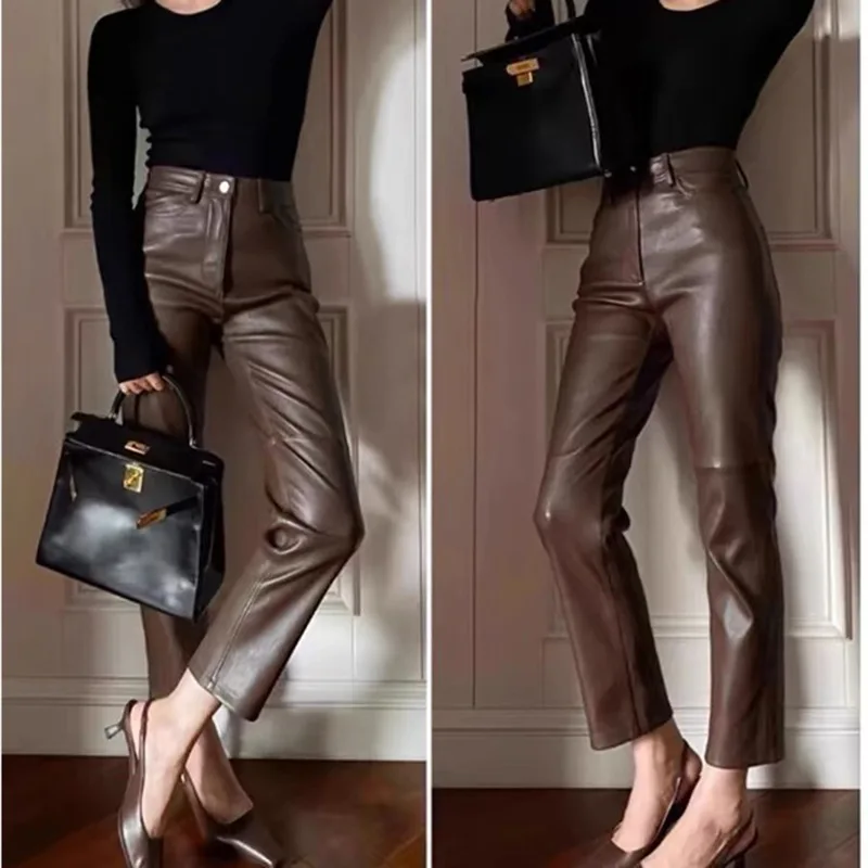 Genuine Stretch Leather Pants for Women Autumn Winter Maillard Color Soft Sheepskin Slim Casual Pencil Pants Cropped Trousers