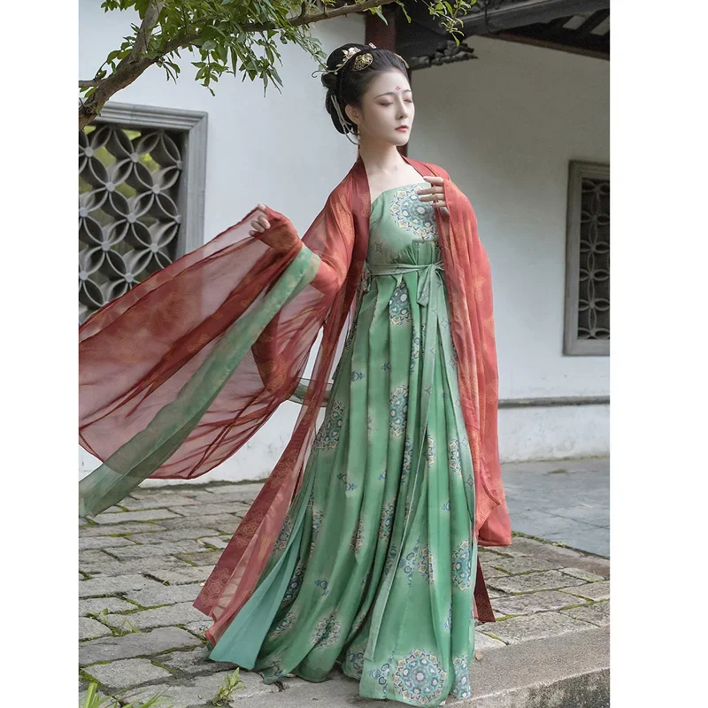 

Summer Original Tang Dynasty Hanfu Dress women Printed Large Sleeved Robe Skirt Pibo Girls Stage Performance Folk Dance Costume