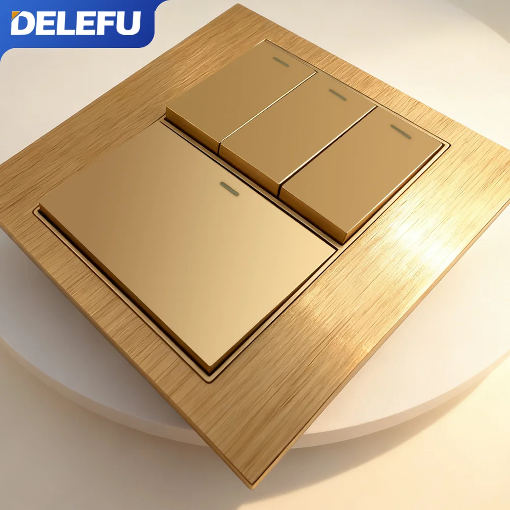 DELEFU 4x4 Aluminium Wire Panel Brazil Standard  Wall Power Socket  USB Type C Light Switch Office Golden 10A 20A