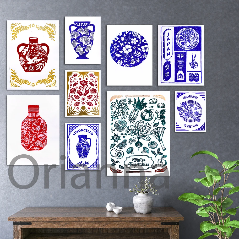 Japan Food Poster,Bento,Noodles,Blue Lobster Flower Pattern Prints Antique Vase Wall Art Canvas Painting Wall Kitchen Decoration