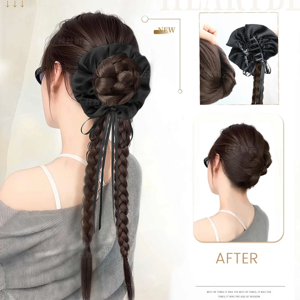 New Chinese Style Synthetic Clip on Hair Braid Flower Bud Head Grip Fried Dough Twists Braid Double Ponytail Hair Extensions