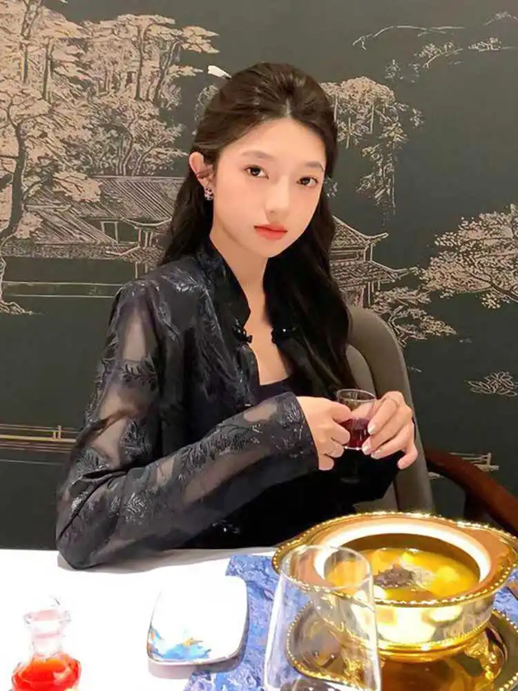 Camisa de Proteção Solar Bordada para Mulheres, Estilo Coreano, Com Botões, Ajuste Solto, Comprimento Longo