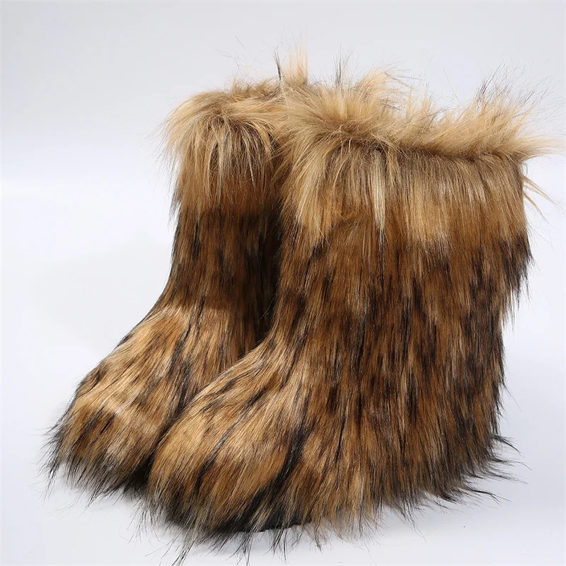 Winter Women Faux Fur Snow Boots Colorful Fluffy Plush Warm Fashion Boots Luxury Footwear Girls Furry Bottes Shoes