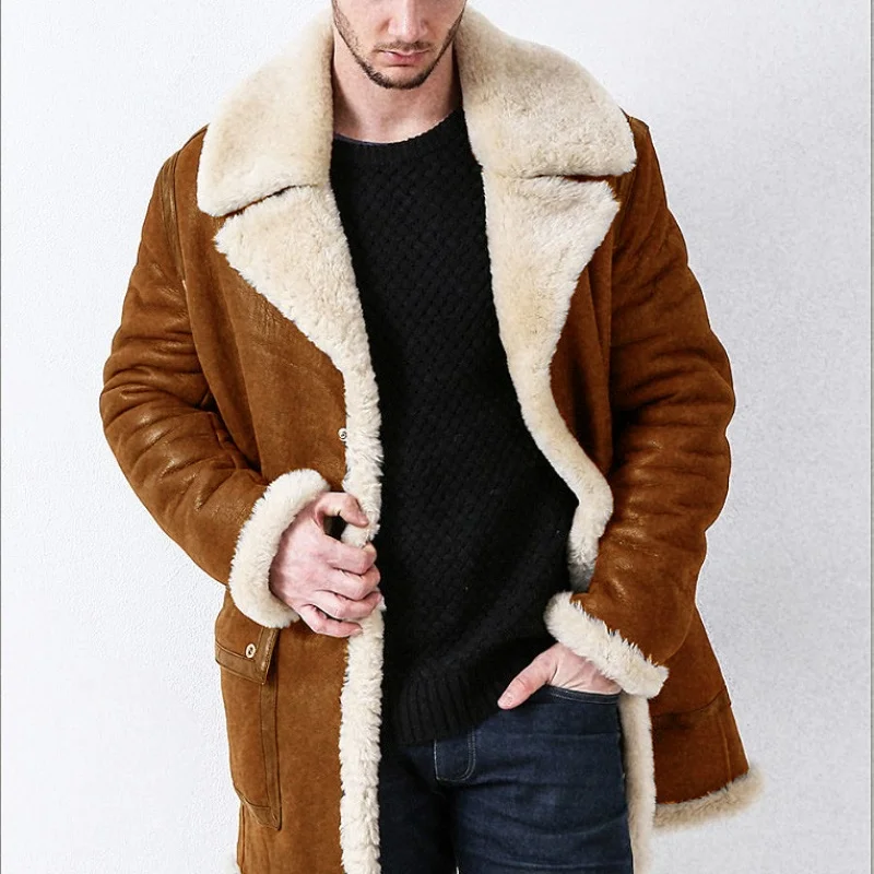 Men's Thickened Leather Fur Coat Autumn Winter New Style European Version Medium Length One-Piece Outerwear Fake Leather Velvet
