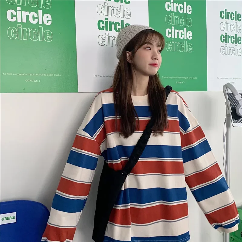 2022 ربيع الخريف جديد الكورية نمط فضفاض صالح مخطط كم طويل تي شيرت المرأة في الشبكة سوبر الساخنة تنوعا رقيقة TopTrendy #4