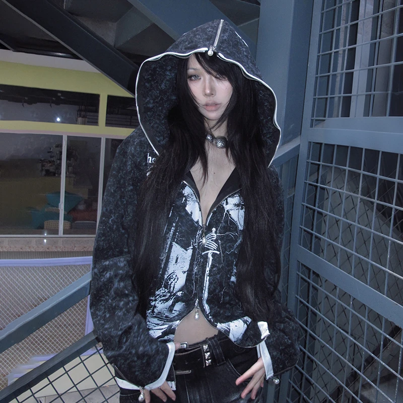 Karrcat grunge estética tatuagem impressão jaqueta vintage y2k angustiado com capuz outerwears trashy 2000s estilo zíper casaco americano
