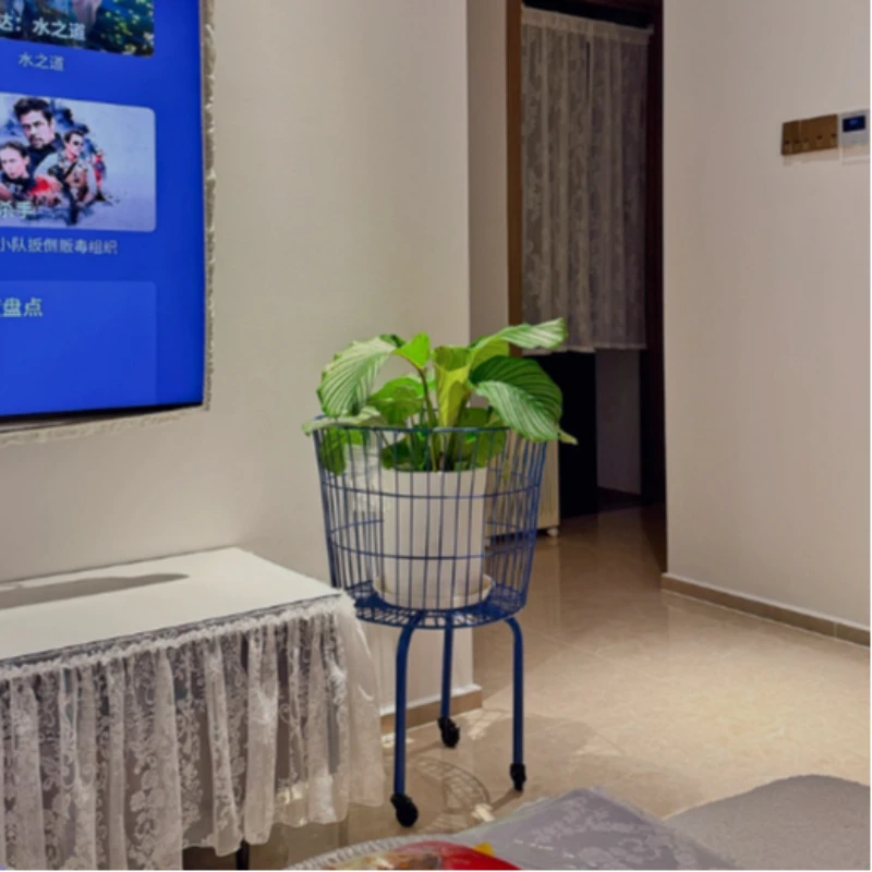 Blue Metal Plant Stand Multi-functional Laundry Storage Basket Large Decor Hamper for Living Room Modern Minimalist Plant Shelf