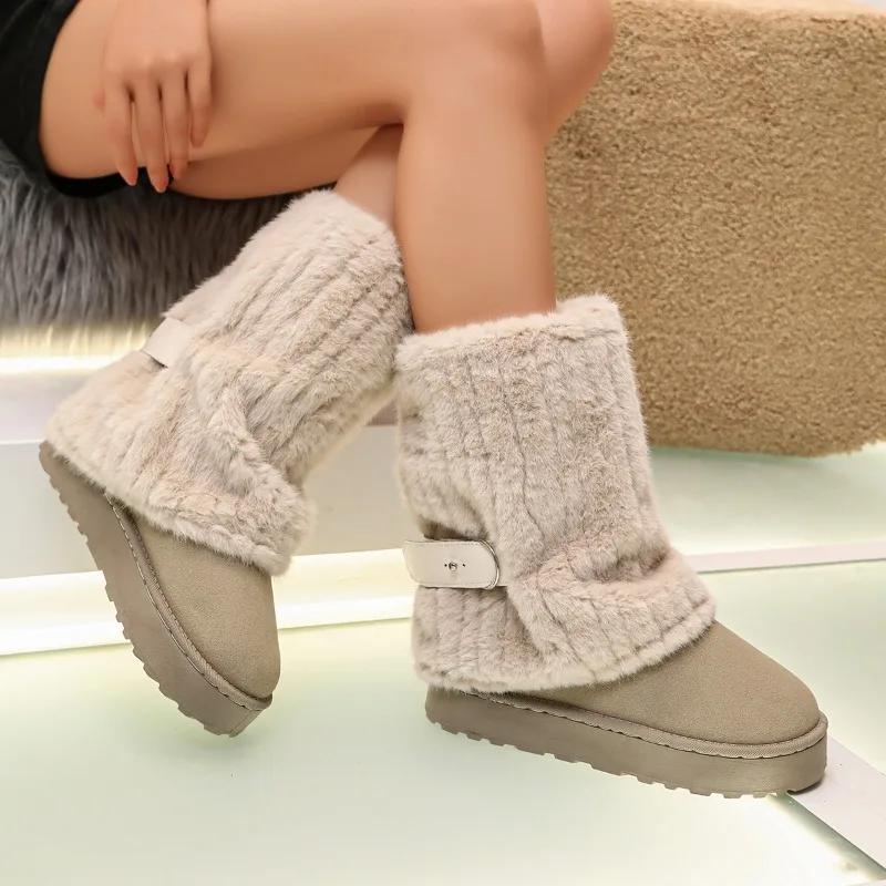 Winter Fashion Knitted Ribbed Cuff Thick Soled Women's Snow Boots 2026 New Fleece Lined Round Toe Comfort Warm Casual Women Shoe view 3