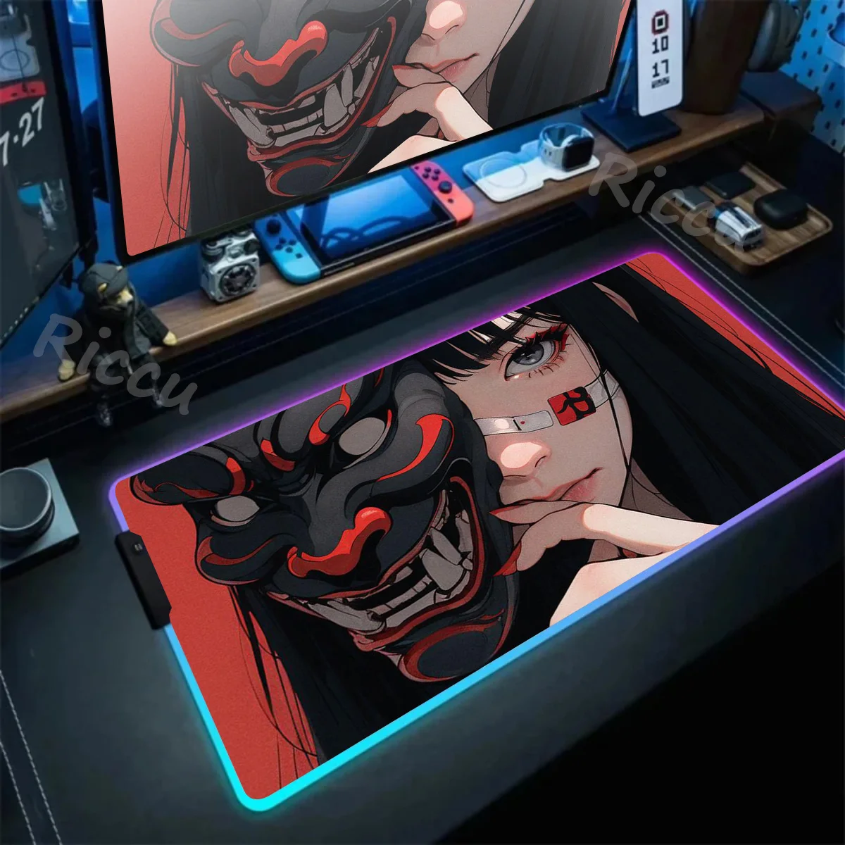 90x40 RGB Mouse Pad Gaming Japanese Ghost Warrior Mask Computer Large Mousepad Backlit XXL LED Gamer Decoracion Carpet Desk Mat