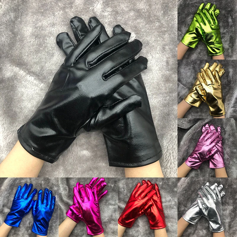 Guantes cortos de charol, manoplas de etiqueta para actuación en boda, Halloween, dedos completos, negro brillante, Cosplay