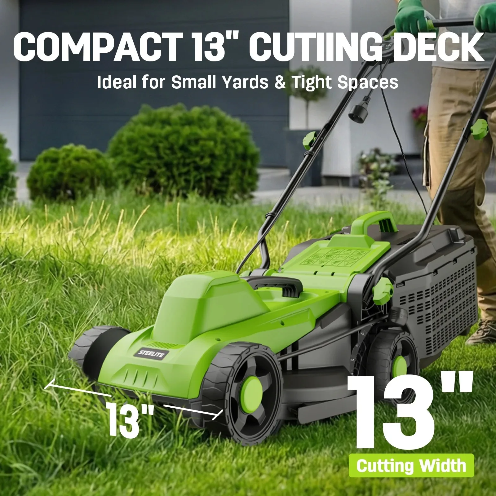 Deli 13 Inch Corded Electric Lawn Mower 11 Amp with 5 Position Height Adjustment 8 Gallon Grass Bag for Small Yard