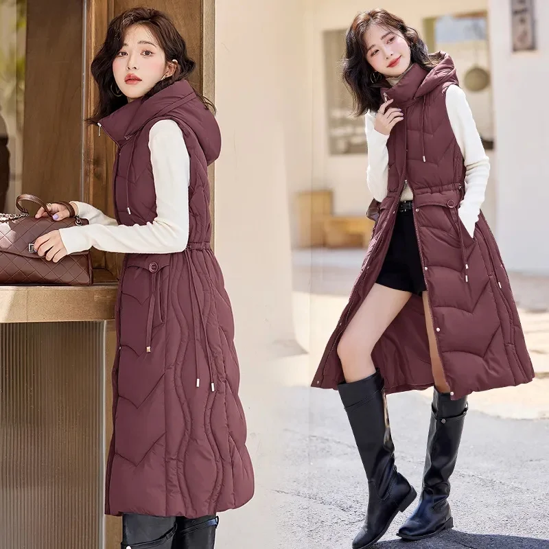 Autumn Winter Women Down Cotton Waistcoat Warm Puffer Sleeveless Jacket New Female hooded Mid-Length slim Vest Female Tops T586