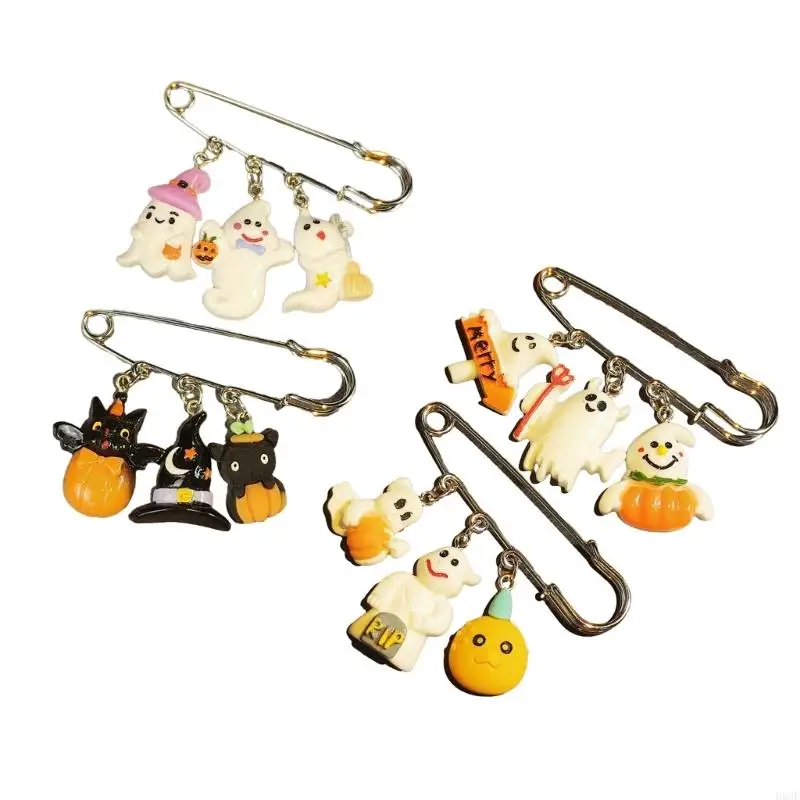H58E Halloween Pins Safety Decorative Pin Safety Pin Brooch with Pumpkin Pendant Clasp Pin for Clothing Scarves Shawl Jewelry