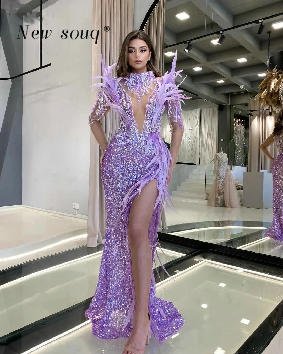 

Сиреневые фиолетовые сексуальные длинные вечерние платья с разрезом до бедра и перьями, великолепные пышные вечерние платья с высоким воротом и блестками на всю длину