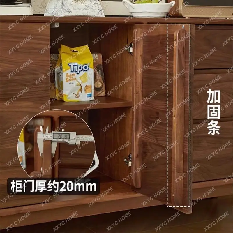 HHBlack Walnut Wood Sideboard Full Solid Wood Three-Drawer Cabinet Simple Double-Door Storage Cabinet