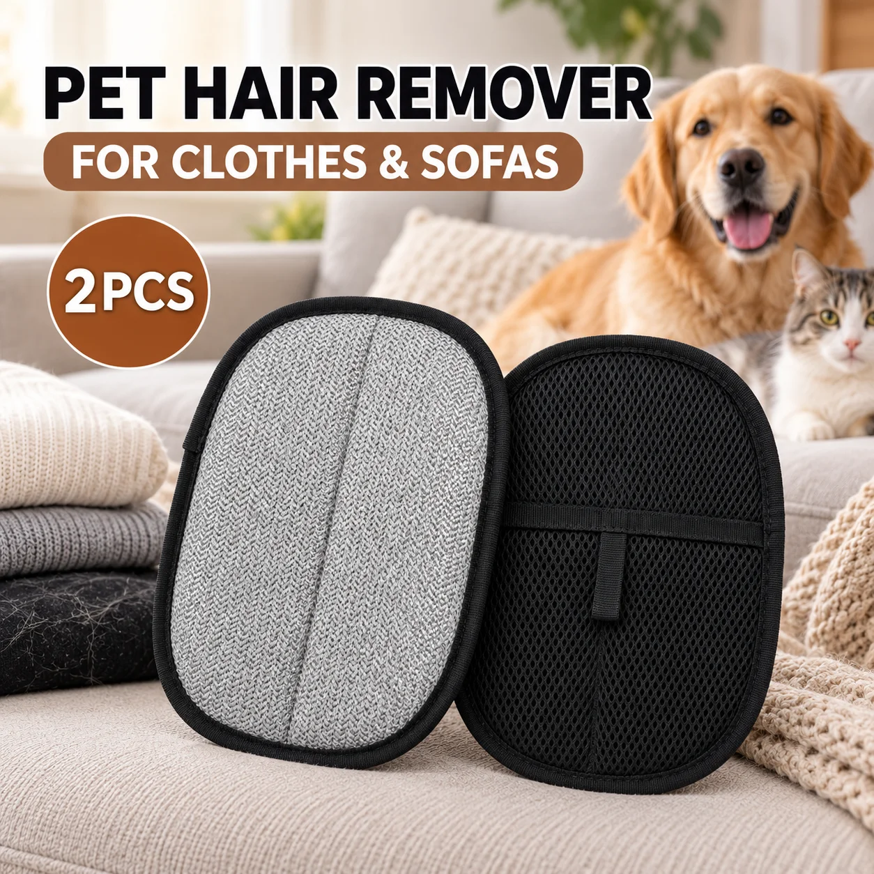 2PCS Reusable Pet Hair Remover Mitt for Home and Car, Handheld Fur Cleaning Glove for Sofa Clothes Cushion Car Seat