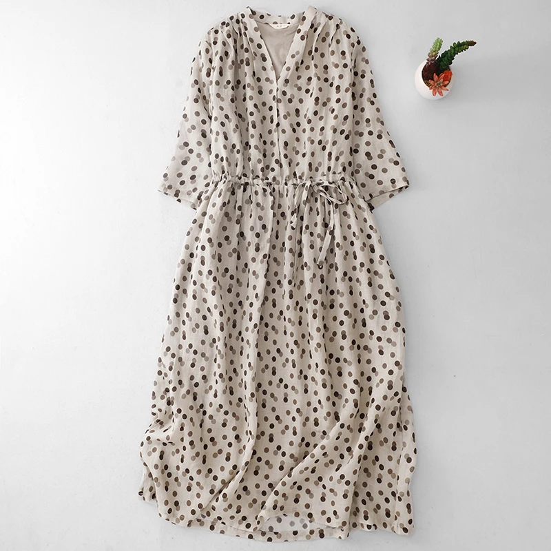 Elegant Large Size Slimming Women's Spring Summer New Hemp Polka Dot Print Artistic Temperament Dress Cotton Linen Material