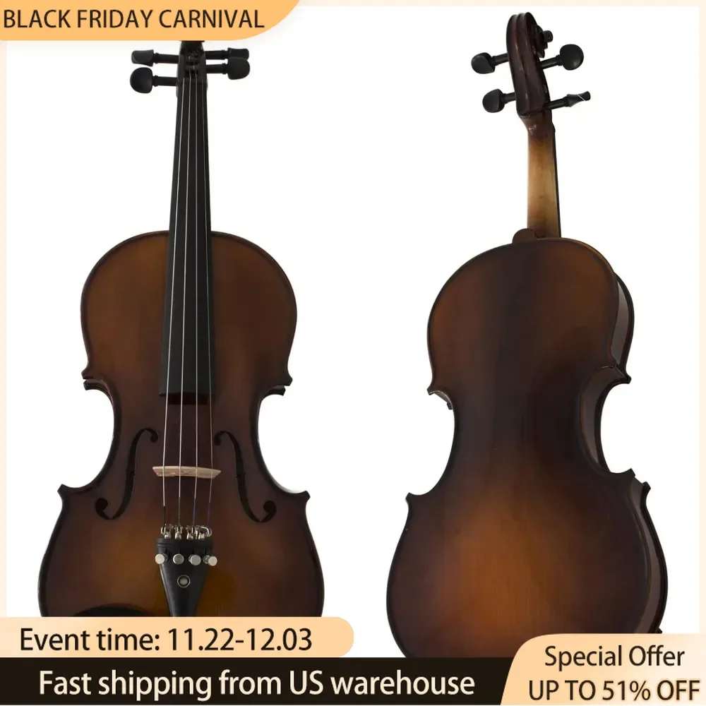 Violin Size 4/4 (Full Size) Ebony Fitted Solidwood Violin in Varnish Antique with Deluxe Oblong Hard Case Violin