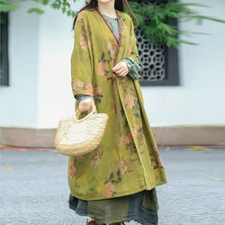 Women's Chinese retro Hanfu lace-up long coat Spring and autumn cotton V-neck flower print loose long coat