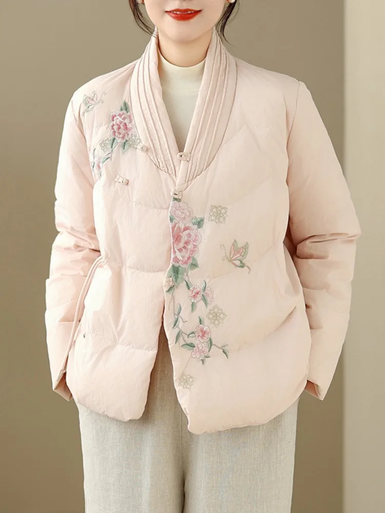 

Retro Embroidered down Cotton Jacket Women's Winter High-End Feel Stand Collar Sash Hanfu Warm Cotton Coat Outerwear