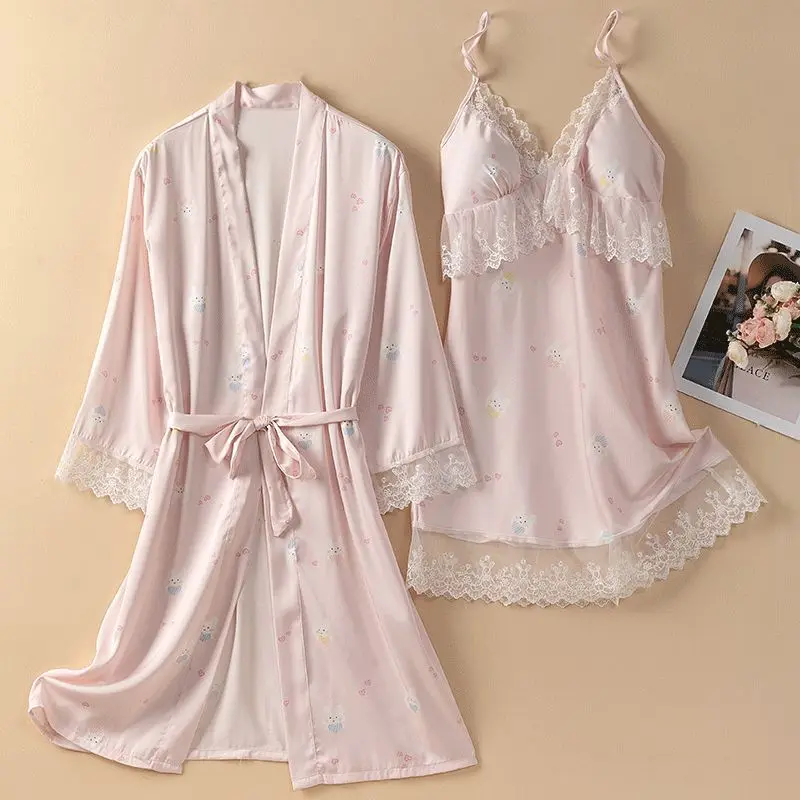 

Sexy Twinset Robe Suit Women Lace Kimono Sleepwear Nightgown Homewear Summer Rayon Bathrobe Gown Set Nightsuits Lingerie