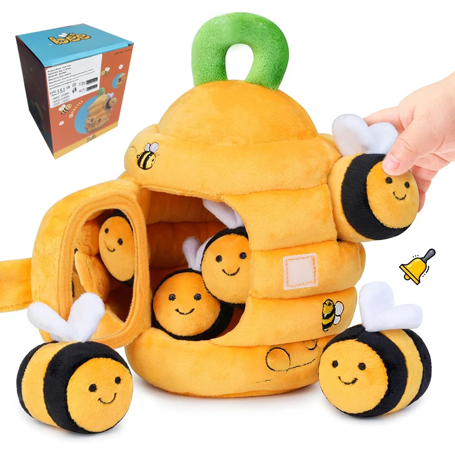 Babyspeelgoed 6-12 maanden Zachte babybijenkorf met 5 sensorische bijenrammelaar Spiegel Crinkle Pieper Druk Montessori Zacht speelgoed voor peuters