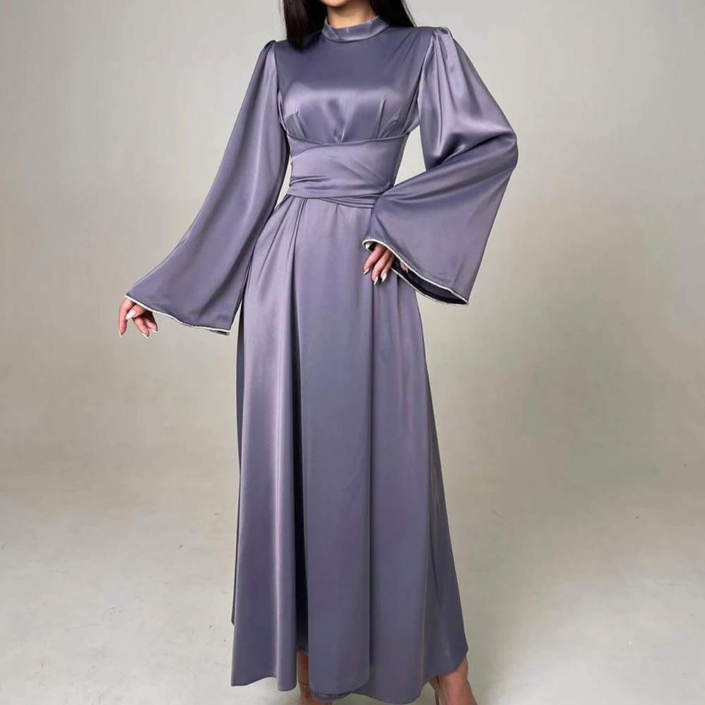 

Elegant Party Dresses Woman Straight High Neckline Satin Long Sleeves Pleats Sweep Train Solid Color Special Occasion Gowns 2024